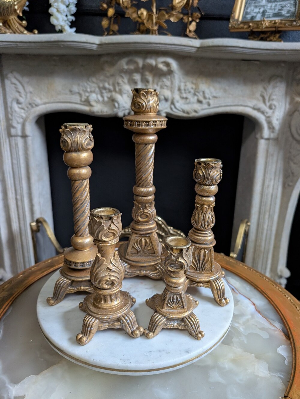 Set of 5 Gold Bronze Ornate Footed Regency/ Old world Style Resin Candleholders,